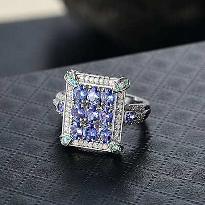 D'Joy Premium Tanzanite, Paraiba Tourmaline and Diamond 2.15 ctw 9 Planet Ring in Rhodium Over Sterling Silver (Size 10.0)