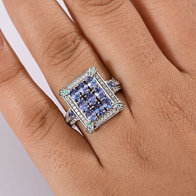 D'Joy Premium Tanzanite, Paraiba Tourmaline and Diamond 2.15 ctw 9 Planet Ring in Rhodium Over Sterling Silver (Size 10.0)