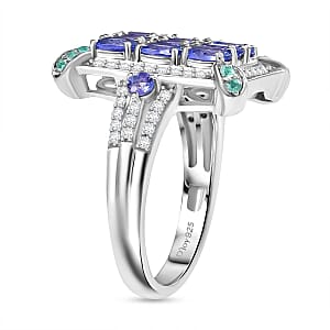 D'Joy Premium Tanzanite, Paraiba Tourmaline and Diamond 2.15 ctw 9 Planet Ring in Rhodium Over Sterling Silver (Size 10.0)