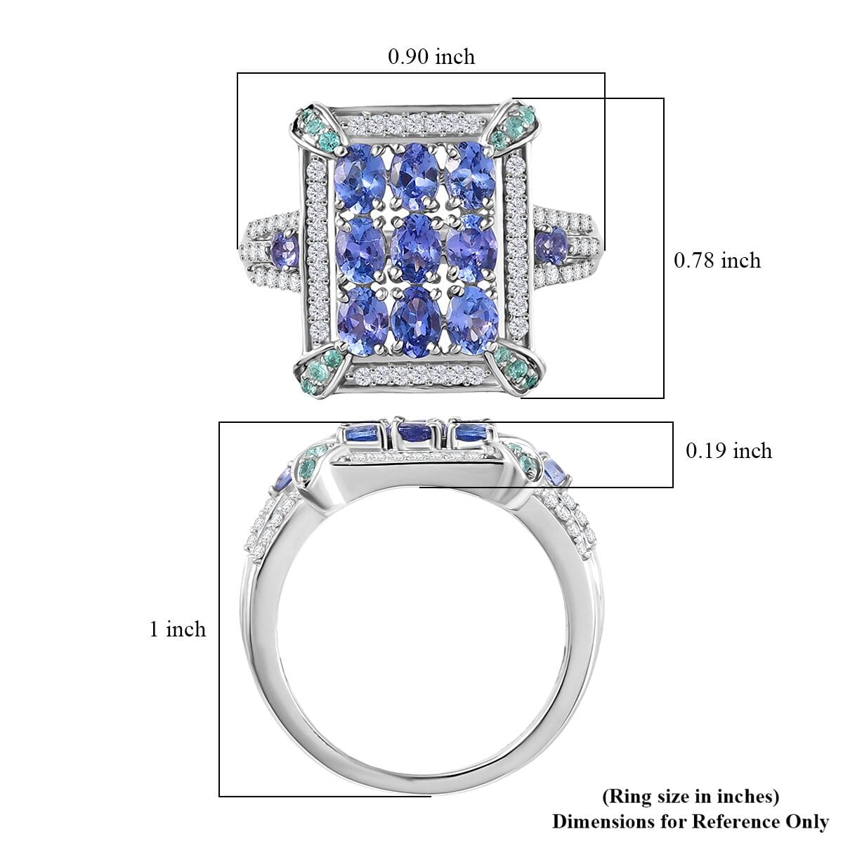 D'Joy Premium Tanzanite, Paraiba Tourmaline and Diamond 2.15 ctw 9 Planet Ring in Rhodium Over Sterling Silver (Size 10.0) image number 5