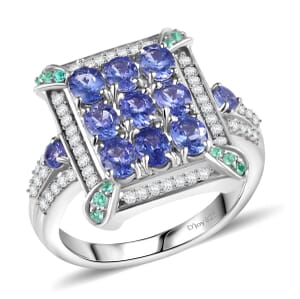 D'Joy Premium Tanzanite, Paraiba Tourmaline and Diamond 2.15 ctw 9 Planet Ring in Rhodium Over Sterling Silver (Size 7.0)