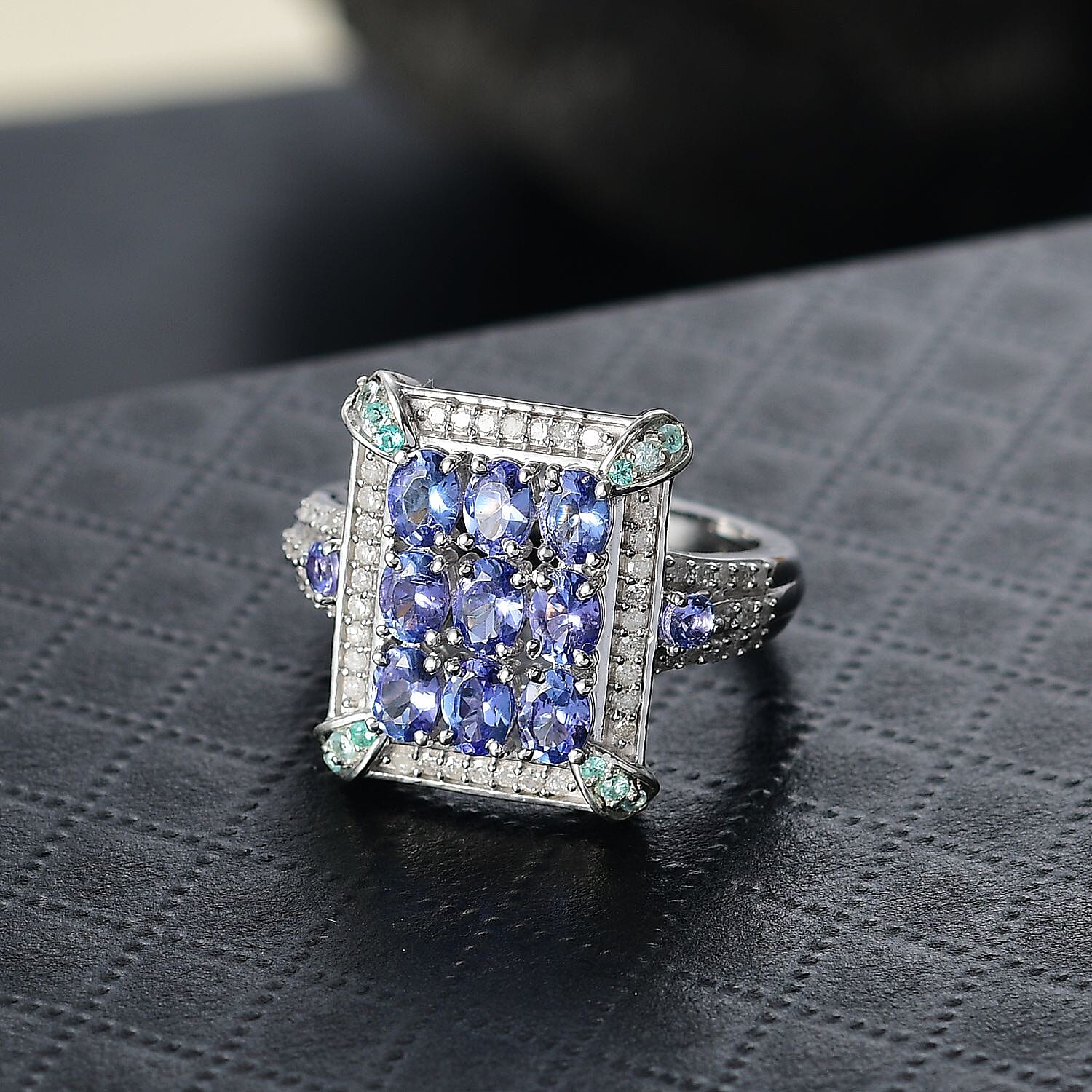 D’Joy Premium Tanzanite, Paraiba Tourmaline and Diamond 2.15 ctw 9 Planet Ring in Rhodium Over Sterling Silver