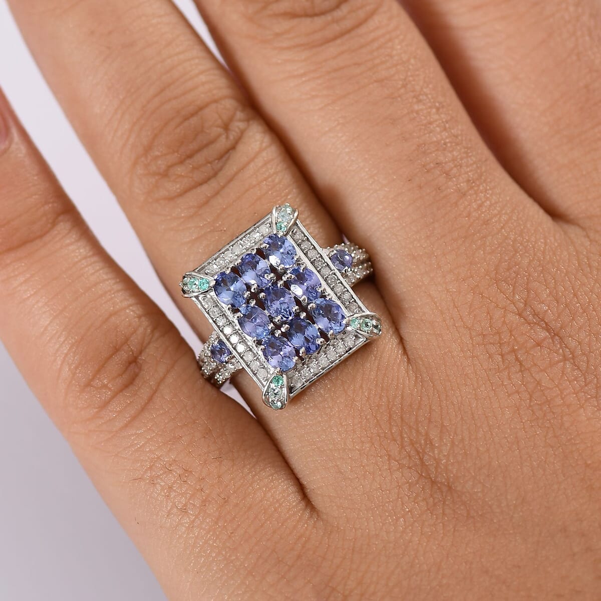 D'Joy Premium Tanzanite, Paraiba Tourmaline and Diamond 2.15 ctw 9 Planet Ring in Rhodium Over Sterling Silver (Size 7.0) image number 2