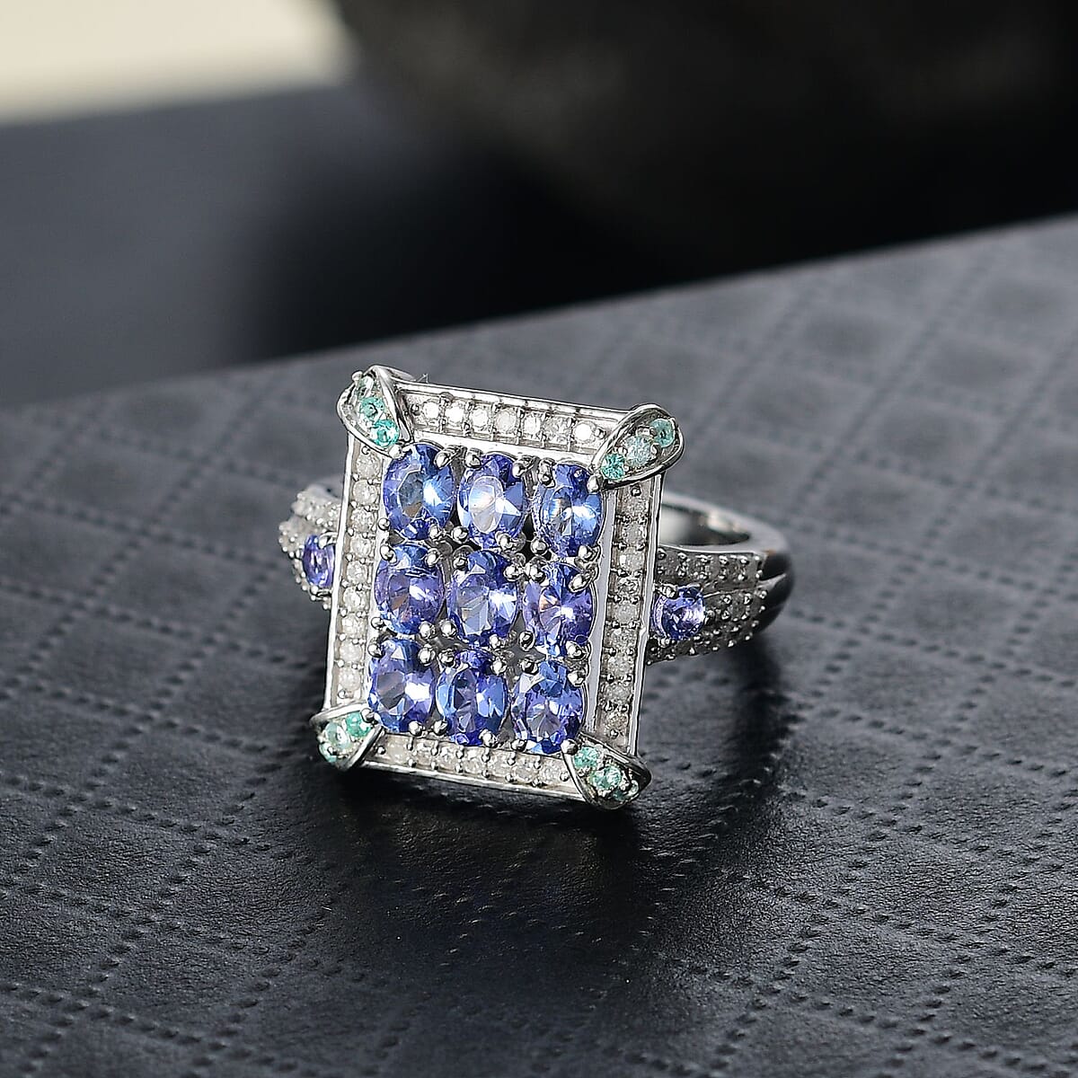 D'Joy Premium Tanzanite, Paraiba Tourmaline and Diamond 2.15 ctw 9 Planet Ring in Rhodium Over Sterling Silver (Size 8.0) image number 1