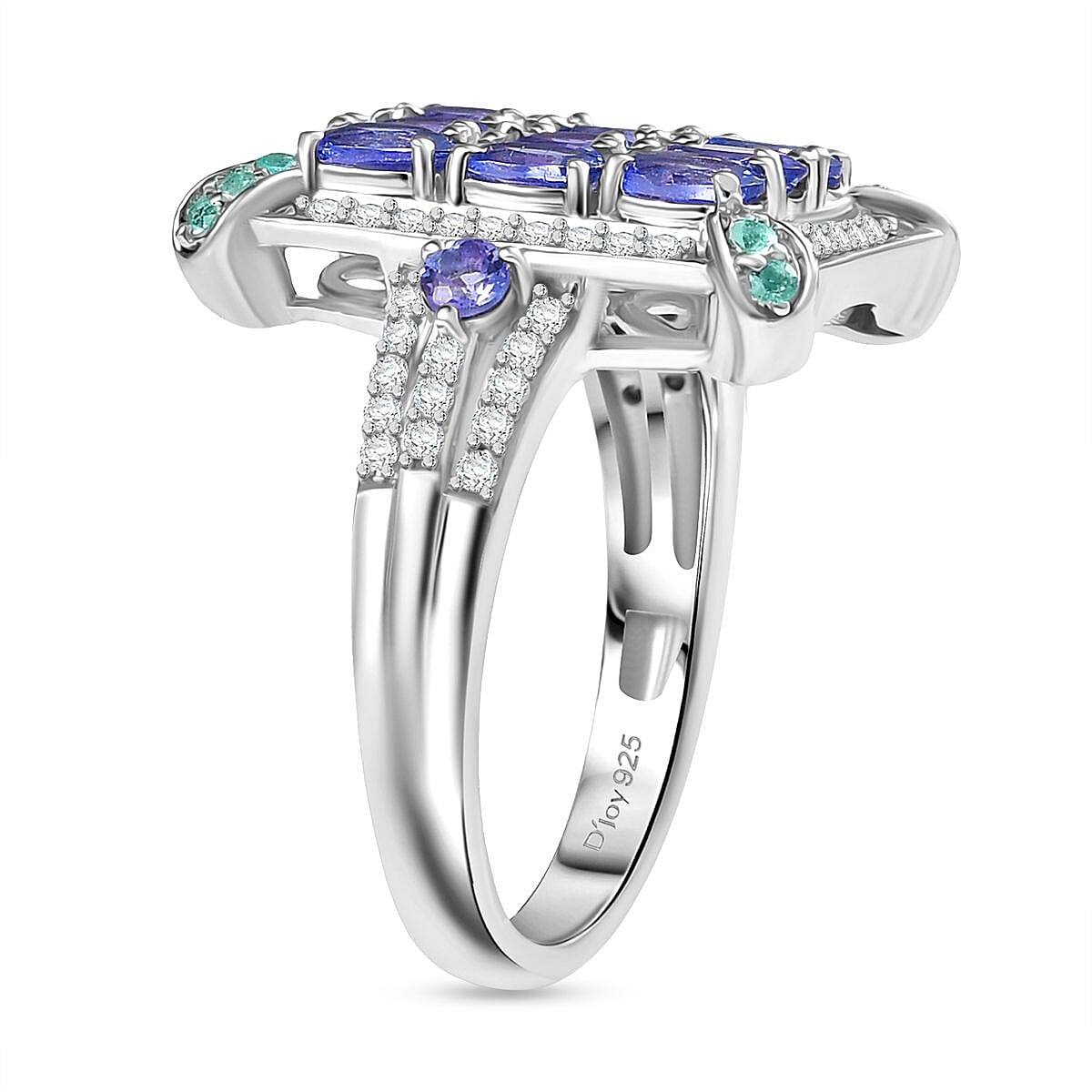 D'Joy Premium Tanzanite, Paraiba Tourmaline and Diamond 2.15 ctw 9 Planet Ring in Rhodium Over Sterling Silver (Size 8.0) image number 3