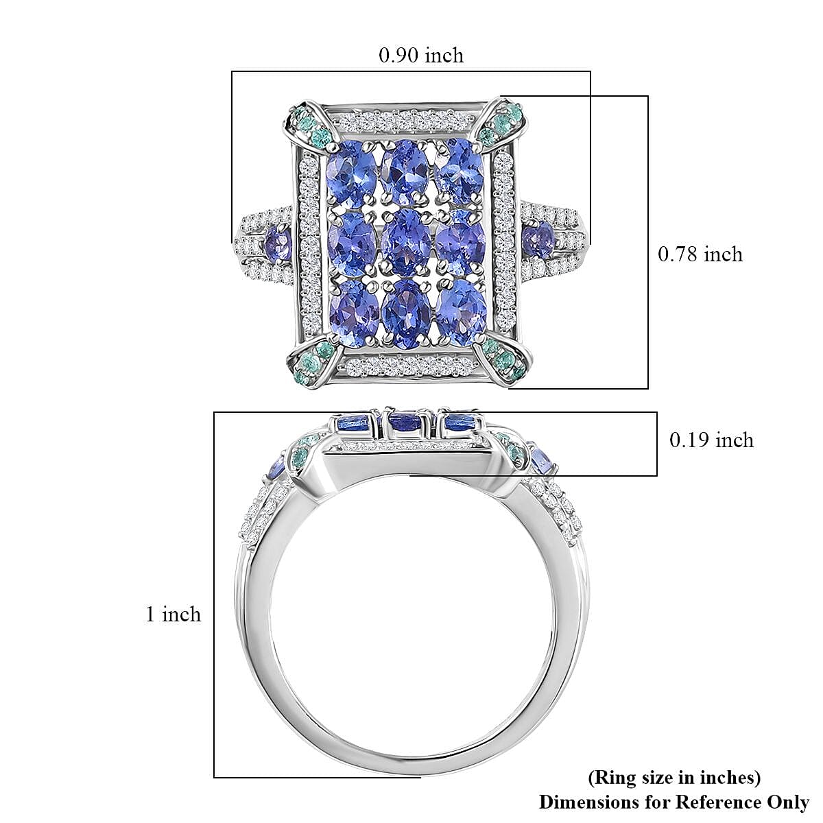 D'Joy Premium Tanzanite, Paraiba Tourmaline and Diamond 2.15 ctw 9 Planet Ring in Rhodium Over Sterling Silver (Size 8.0) image number 5