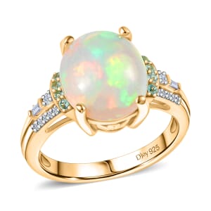 D'Joy Premium Ethiopian Welo Opal, Paraiba Tourmaline and Diamond 3.20 ctw Aurora Moon Ring in 18K Vermeil Yellow Gold Over Sterling Silver (Size 10.0)