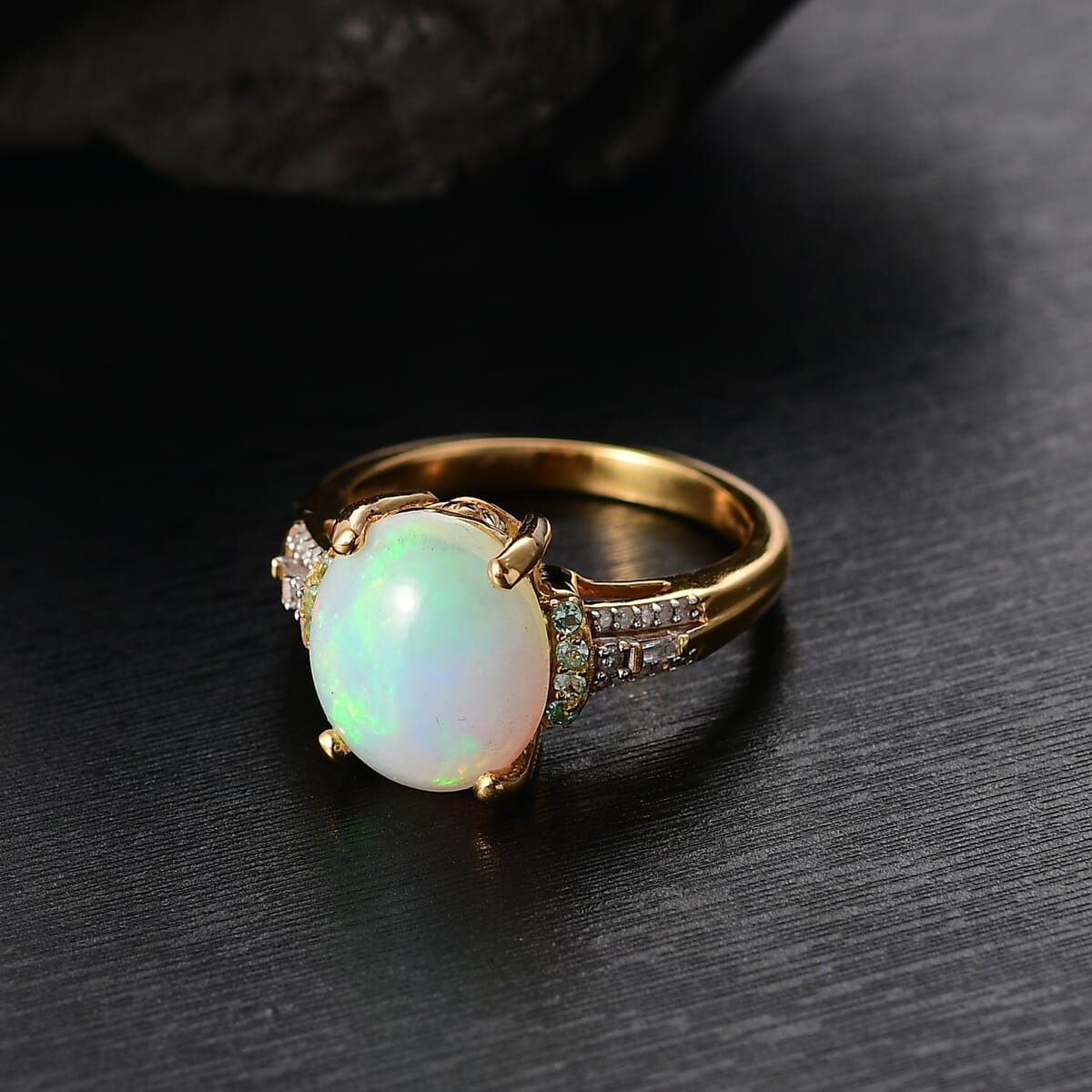 D'Joy Premium Ethiopian Welo Opal, Paraiba Tourmaline and Diamond 3.20 ctw Aurora Moon Ring in 18K Vermeil Yellow Gold Over Sterling Silver (Size 10.0) image number 1