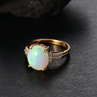 D'Joy Premium Ethiopian Welo Opal, Paraiba Tourmaline and Diamond 3.20 ctw Aurora Moon Ring in 18K Vermeil Yellow Gold Over Sterling Silver (Size 10.0)