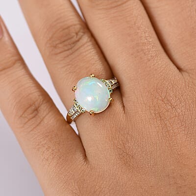 D'Joy Premium Ethiopian Welo Opal, Paraiba Tourmaline and Diamond 3.20 ctw Aurora Moon Ring in 18K Vermeil Yellow Gold Over Sterling Silver (Size 10.0)