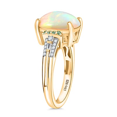 D'Joy Premium Ethiopian Welo Opal, Paraiba Tourmaline and Diamond 3.20 ctw Aurora Moon Ring in 18K Vermeil Yellow Gold Over Sterling Silver (Size 10.0)