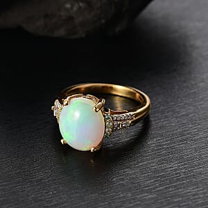 D'Joy Premium Ethiopian Welo Opal, Paraiba Tourmaline and Diamond 3.20 ctw Aurora Moon Ring in 18K Vermeil Yellow Gold Over Sterling Silver (Size 7.0)
