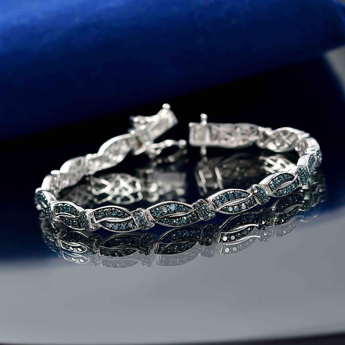 D'Joy Blue Diamond (IR) and White Diamond 2.20 ctw Bracelet in Rhodium Over Sterling Silver (8.00 In) image number 1