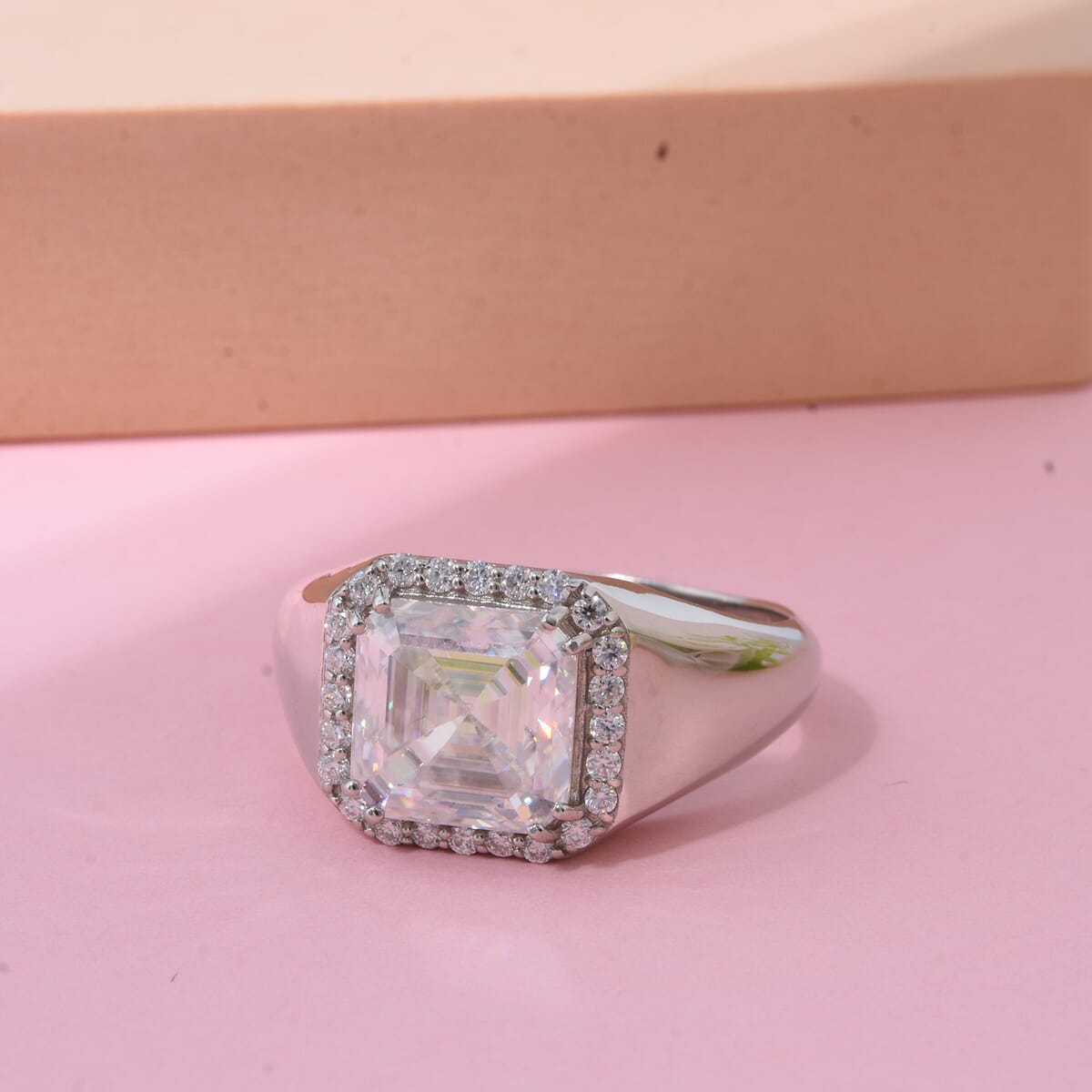 D'Joy Asscher Cut Moissanite 6.30 ctw Men's Forge Ring in Rhodium Over Sterling Silver (Size 13.0) image number 1