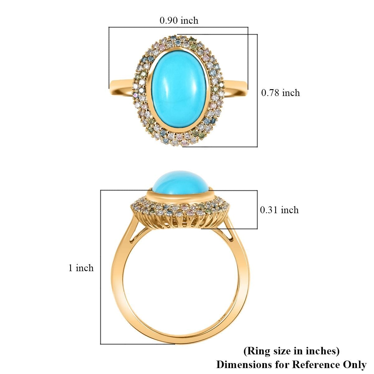 AAA Sleeping Beauty Turquoise and G-H SI Luxuriant Lab Grown Diamond 5.75 ctw Rainbow Bloom Ring in 10K Yellow Gold (Size 12.5) image number 5