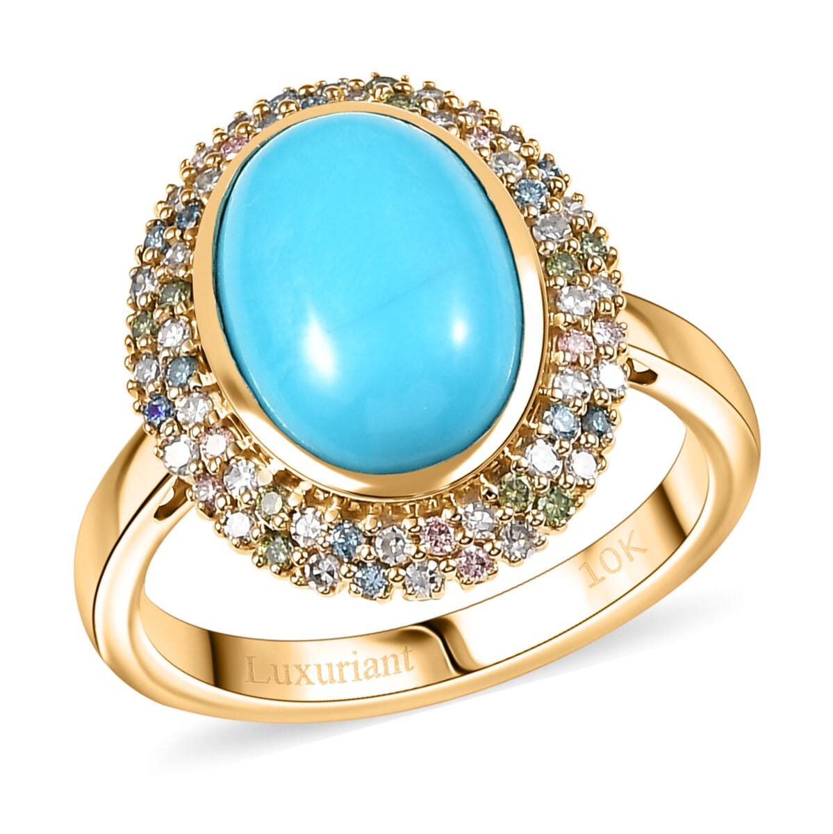 AAA Sleeping Beauty Turquoise and G-H SI Luxuriant Lab Grown Diamond 5.75 ctw Rainbow Bloom Ring in 10K Yellow Gold (Size 6.0) image number 0