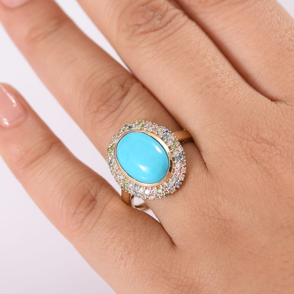 AAA Sleeping Beauty Turquoise and G-H SI Luxuriant Lab Grown Diamond 5.75 ctw Rainbow Bloom Ring in 10K Yellow Gold (Size 6.0) image number 2