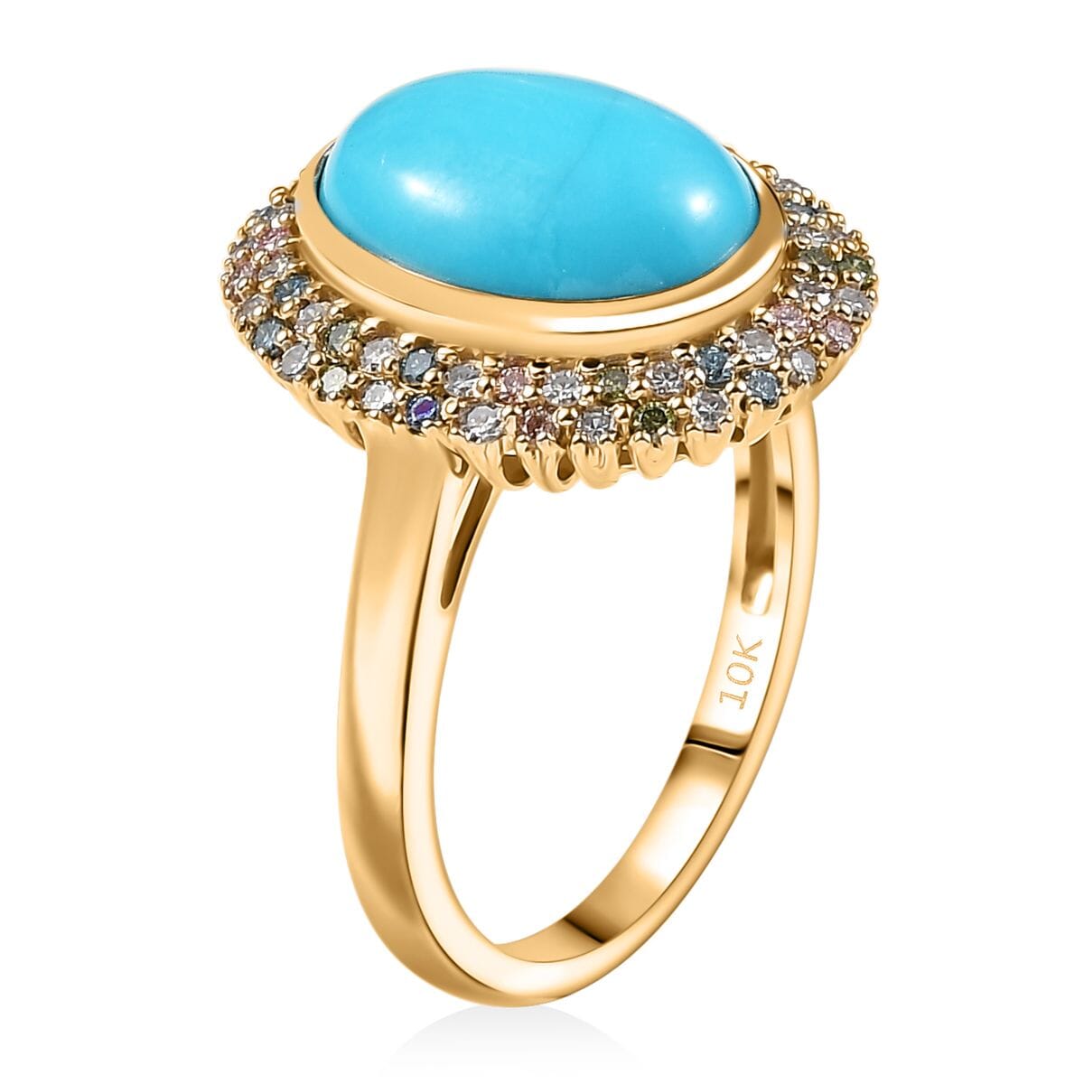 AAA Sleeping Beauty Turquoise and G-H SI Luxuriant Lab Grown Diamond 5.75 ctw Rainbow Bloom Ring in 10K Yellow Gold (Size 6.0) image number 3