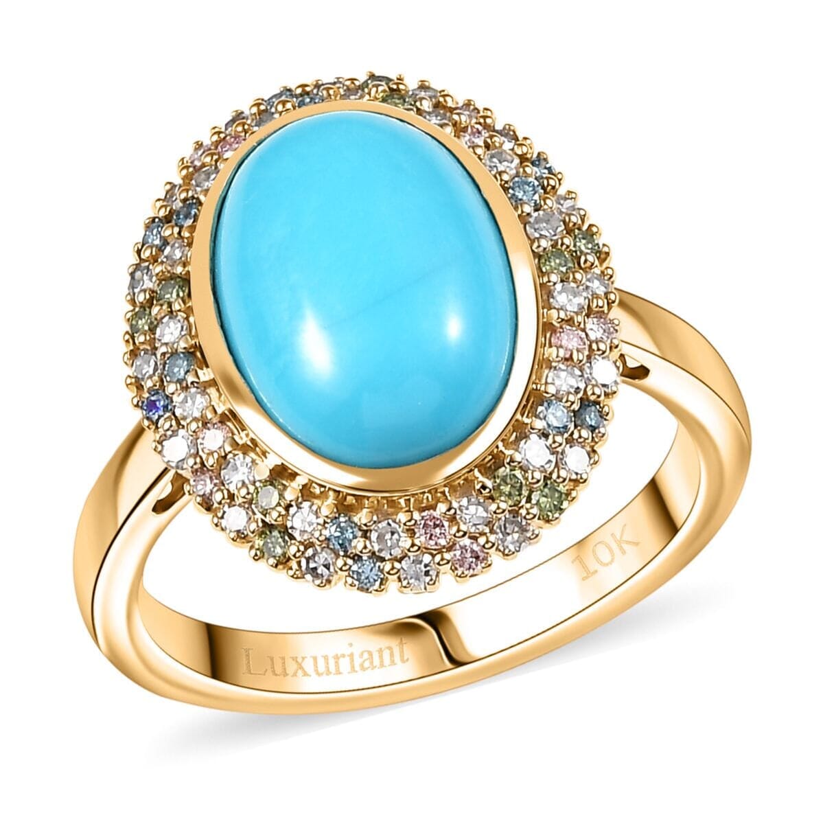 AAA Sleeping Beauty Turquoise and G-H SI Luxuriant Lab Grown Diamond 5.75 ctw Rainbow Bloom Ring in 10K Yellow Gold (Size 6.5) image number 0