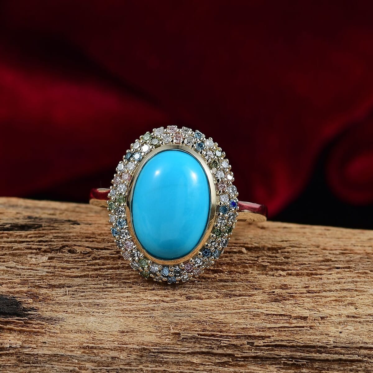 AAA Sleeping Beauty Turquoise and G-H SI Luxuriant Lab Grown Diamond 5.75 ctw Rainbow Bloom Ring in 10K Yellow Gold (Size 6.5) image number 1