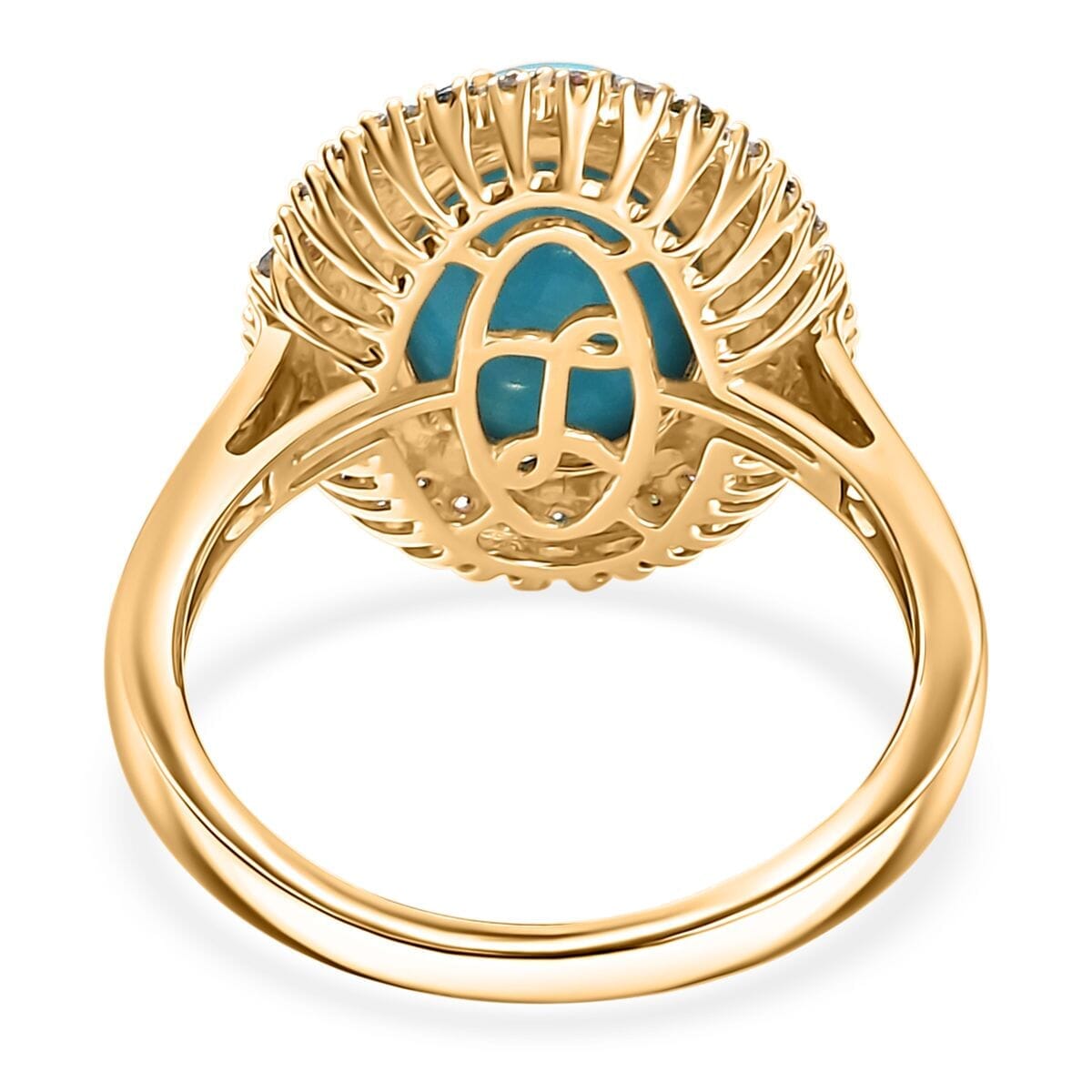 AAA Sleeping Beauty Turquoise and G-H SI Luxuriant Lab Grown Diamond 5.75 ctw Rainbow Bloom Ring in 10K Yellow Gold (Size 6.5) image number 4