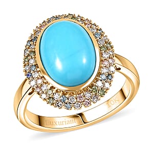 AAA Sleeping Beauty Turquoise and G-H SI Luxuriant Lab Grown Diamond 5.75 ctw Rainbow Bloom Ring in 10K Yellow Gold (Size 7.0)