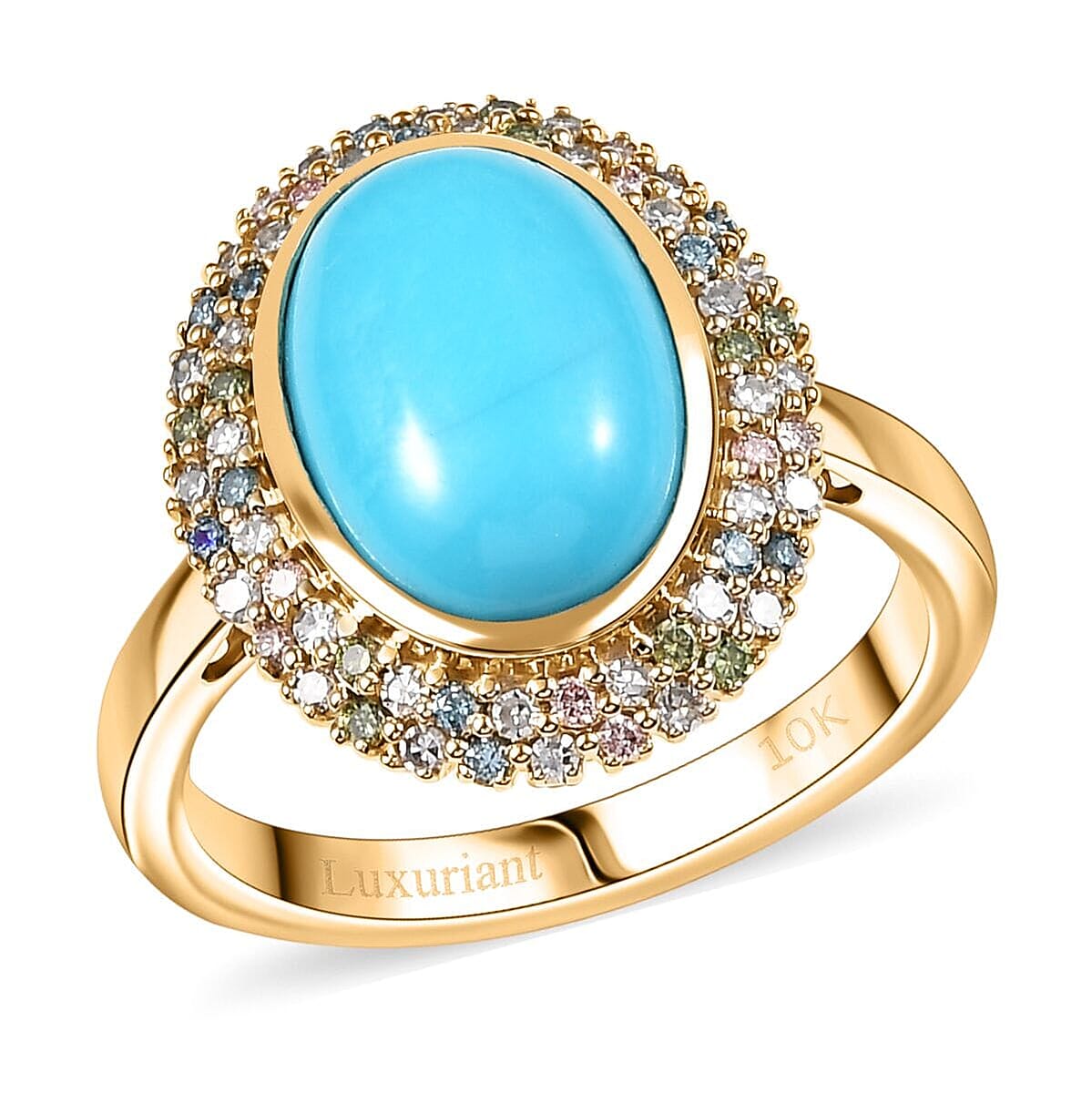 AAA Sleeping Beauty Turquoise and G-H SI Luxuriant Lab Grown Diamond 5.75 ctw Rainbow Bloom Ring in 10K Yellow Gold (Size 7.5) image number 0
