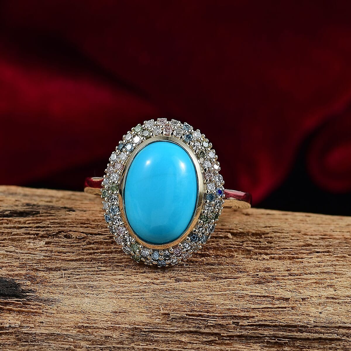 AAA Sleeping Beauty Turquoise and G-H SI Luxuriant Lab Grown Diamond 5.75 ctw Rainbow Bloom Ring in 10K Yellow Gold (Size 7.5) image number 1