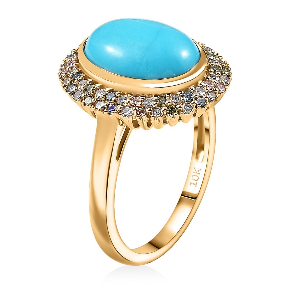 AAA Sleeping Beauty Turquoise and G-H SI Luxuriant Lab Grown Diamond 5.75 ctw Rainbow Bloom Ring in 10K Yellow Gold (Size 7.5) image number 3