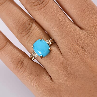 Luxoro 10K Yellow Gold Premium Sleeping Beauty Turquoise and Diamond (G-H, I2) Ring (Size 12.0) 4.85 ctw