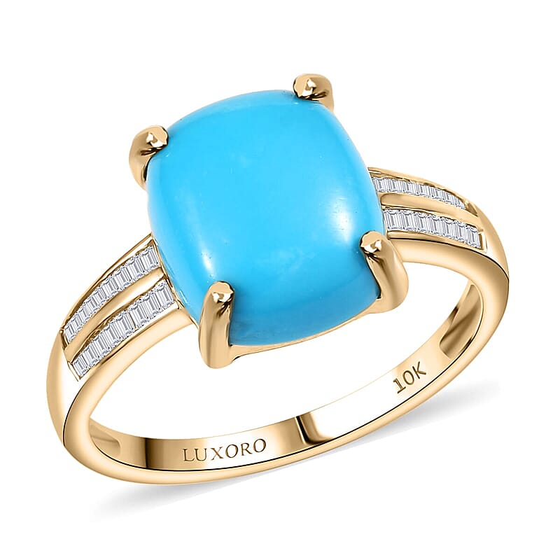 Luxoro 10K Yellow Gold Premium Sleeping Beauty Turquoise and Diamond (G-H, I2) Ring (Size 5.0) 4.85 ctw