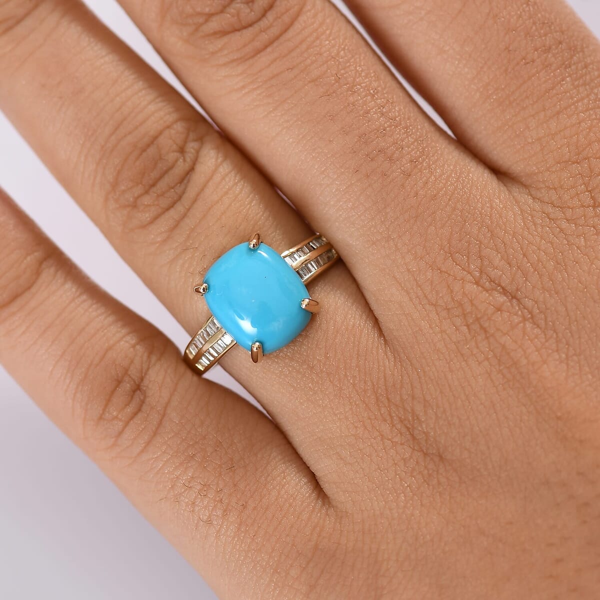 Luxoro 10K Yellow Gold Premium Sleeping Beauty Turquoise and G-H I2 Diamond Ring (Size 10.0) 4.85 ctw image number 2