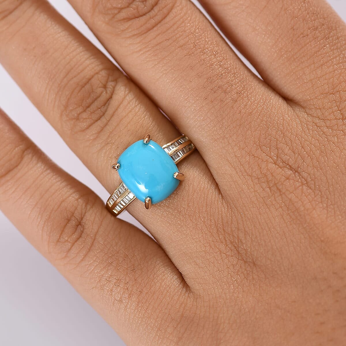 Luxoro 10K Yellow Gold Premium Sleeping Beauty Turquoise and G-H I2 Diamond Ring (Size 10.0) 4.85 ctw image number 2