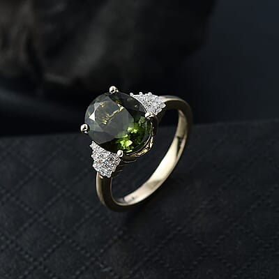 Luxoro 10K Yellow Gold AAA Bohemian Moldavite, Diamond (G-H, I2) Ring (Size 11.0) 3.10 ctw