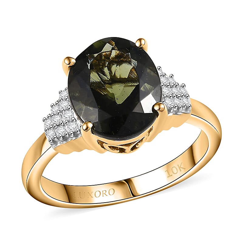 Luxoro 10K Yellow Gold AAA Bohemian Moldavite, Diamond (G-H, I2) Ring (Size 12.0) 3.10 ctw