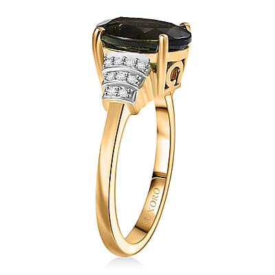 Luxoro 10K Yellow Gold AAA Bohemian Moldavite, Diamond (G-H, I2) Ring (Size 12.0) 3.10 ctw