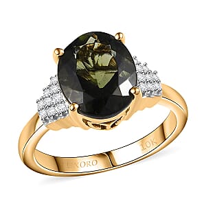 Luxoro 10K Yellow Gold AAA Bohemian Moldavite, Diamond (G-H, I2) Ring (Size 5.0) 3.10 ctw