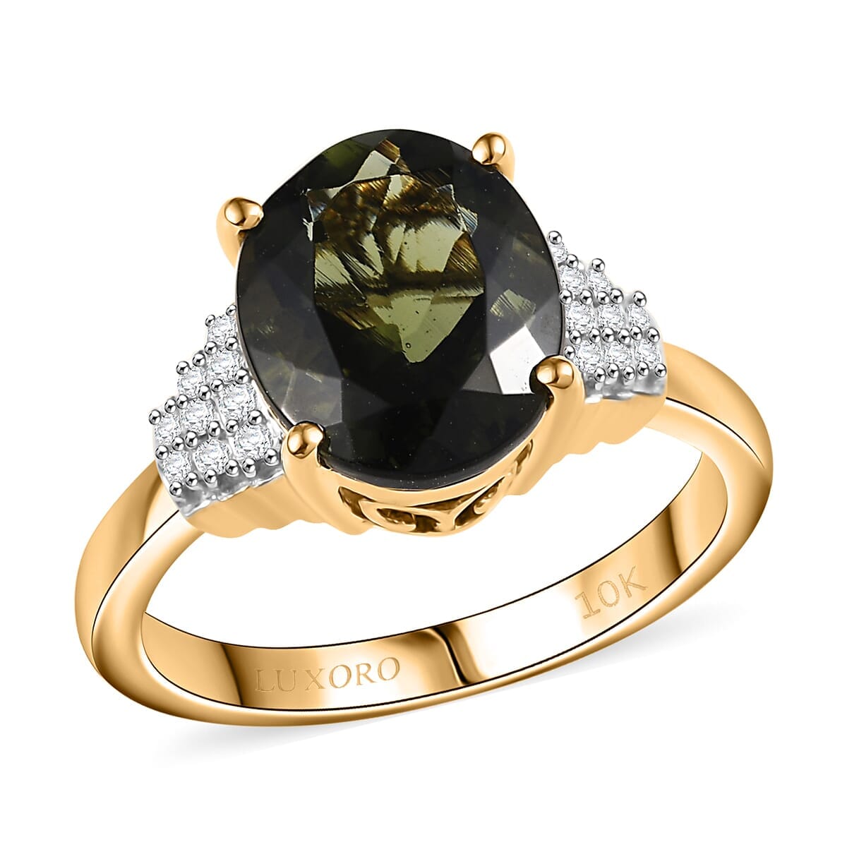 Luxoro 10K Yellow Gold AAA Bohemian Moldavite, Diamond (G-H, I2) Ring (Size 10.0) 3.10 ctw image number 0