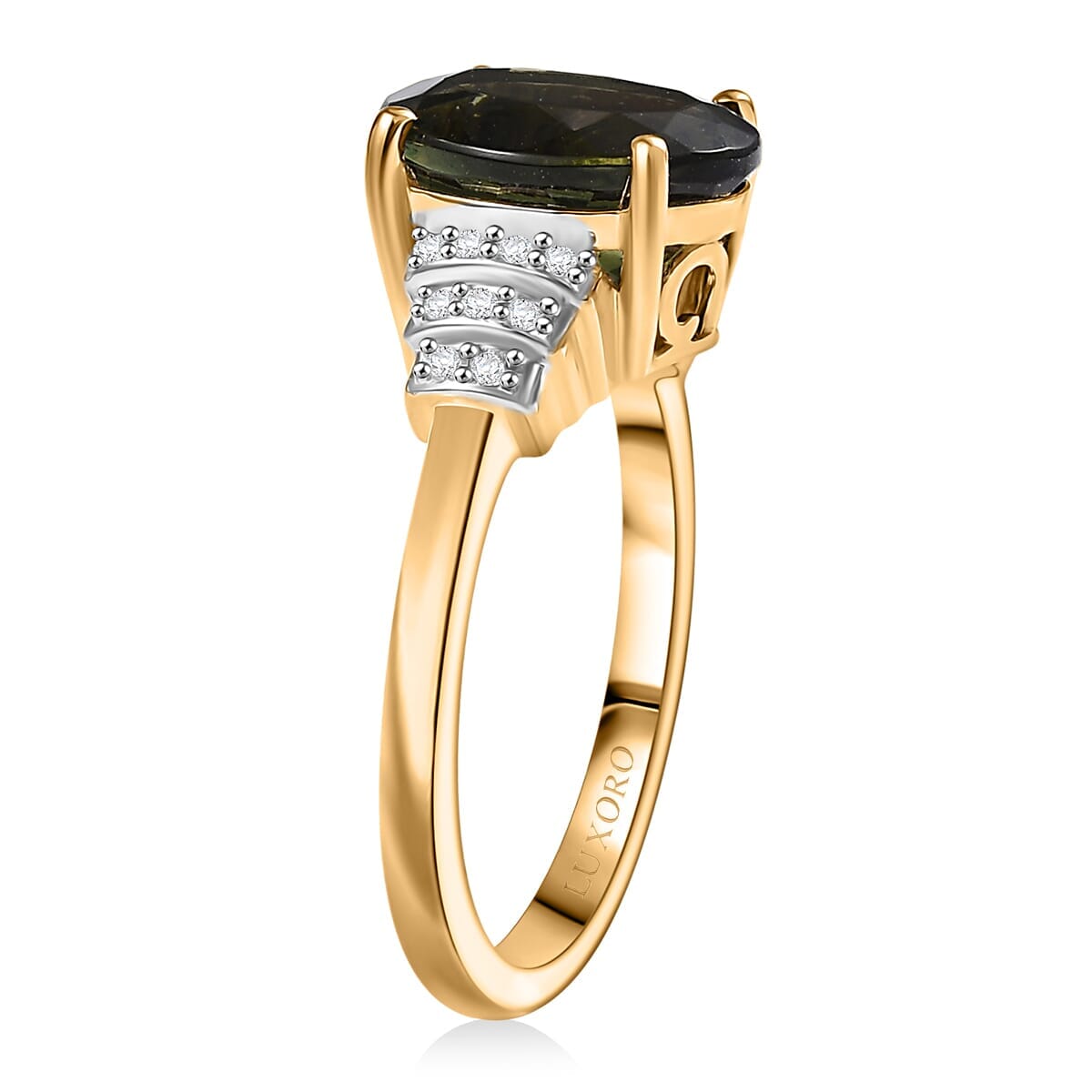 Luxoro 10K Yellow Gold AAA Bohemian Moldavite, Diamond (G-H, I2) Ring (Size 10.0) 3.10 ctw image number 3
