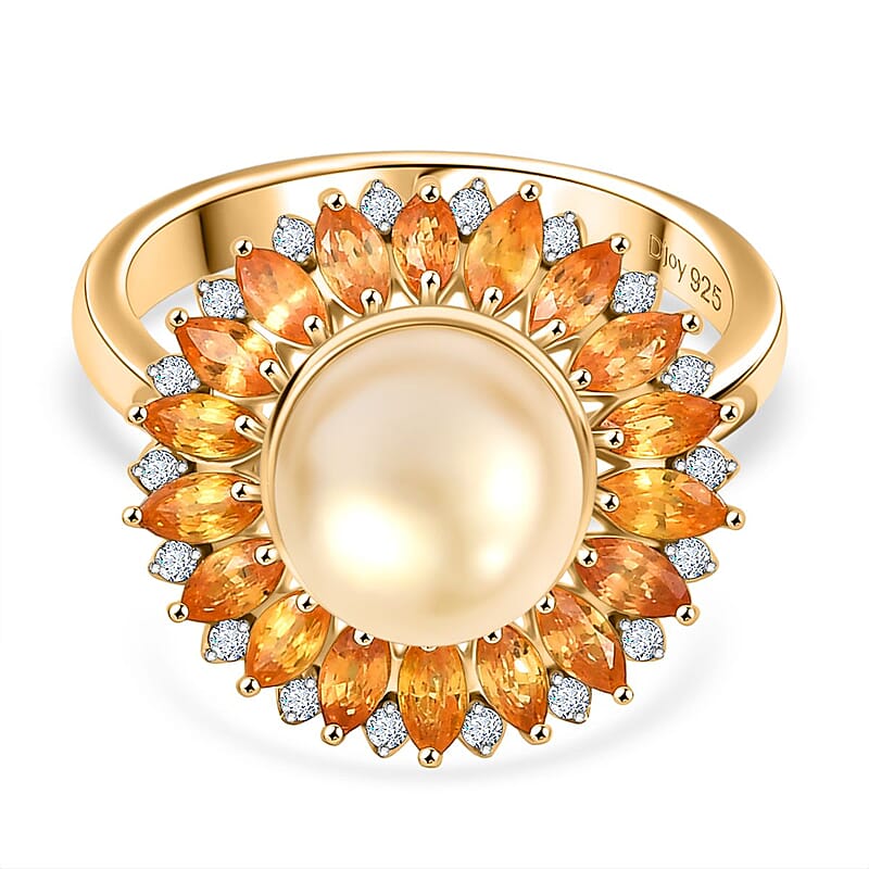 D’joy South Sea Golden Pearl and Multi Gemstone 9.80 ctw Ring in 18K Vermeil Yellow Gold Over Sterling Silver (Size 8.0)