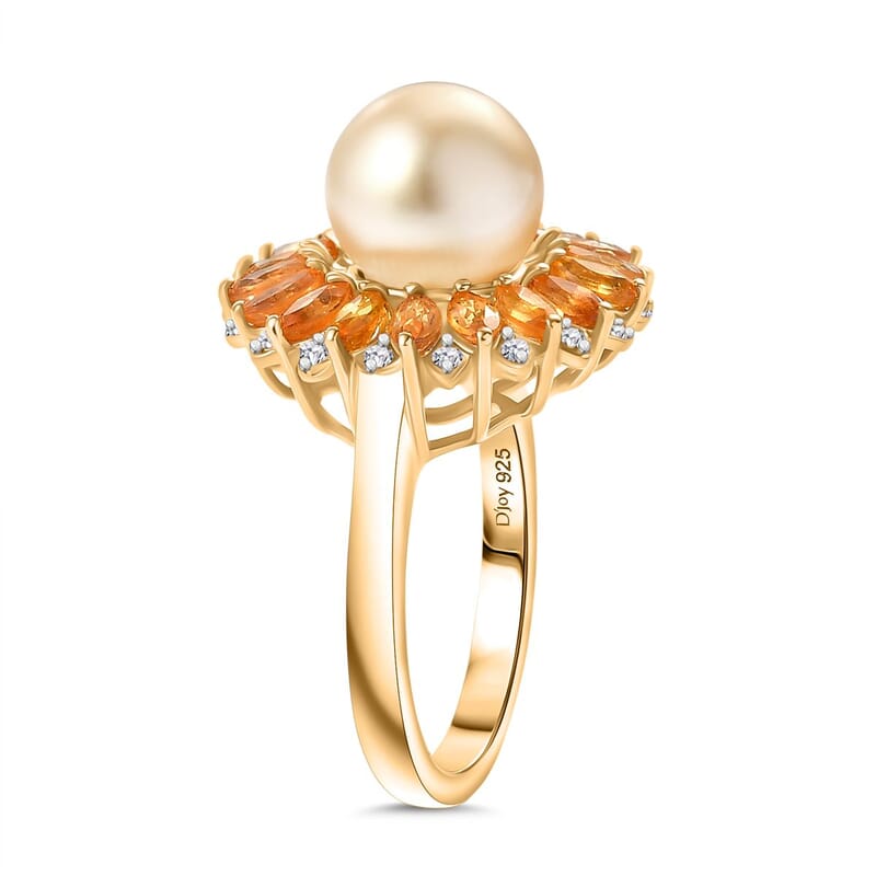 D’joy South Sea Golden Pearl and Multi Gemstone 9.80 ctw Ring in 18K Vermeil Yellow Gold Over Sterling Silver (Size 8.0)
