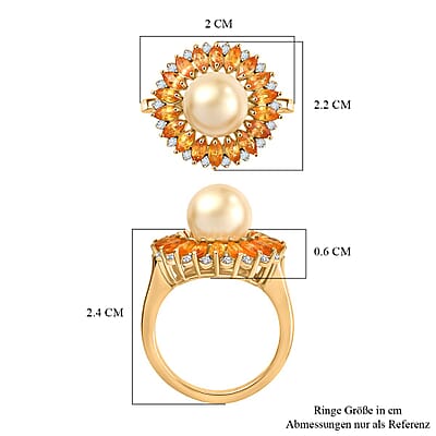 D’joy South Sea Golden Pearl and Multi Gemstone 9.80 ctw Ring in 18K Vermeil Yellow Gold Over Sterling Silver (Size 8.0)