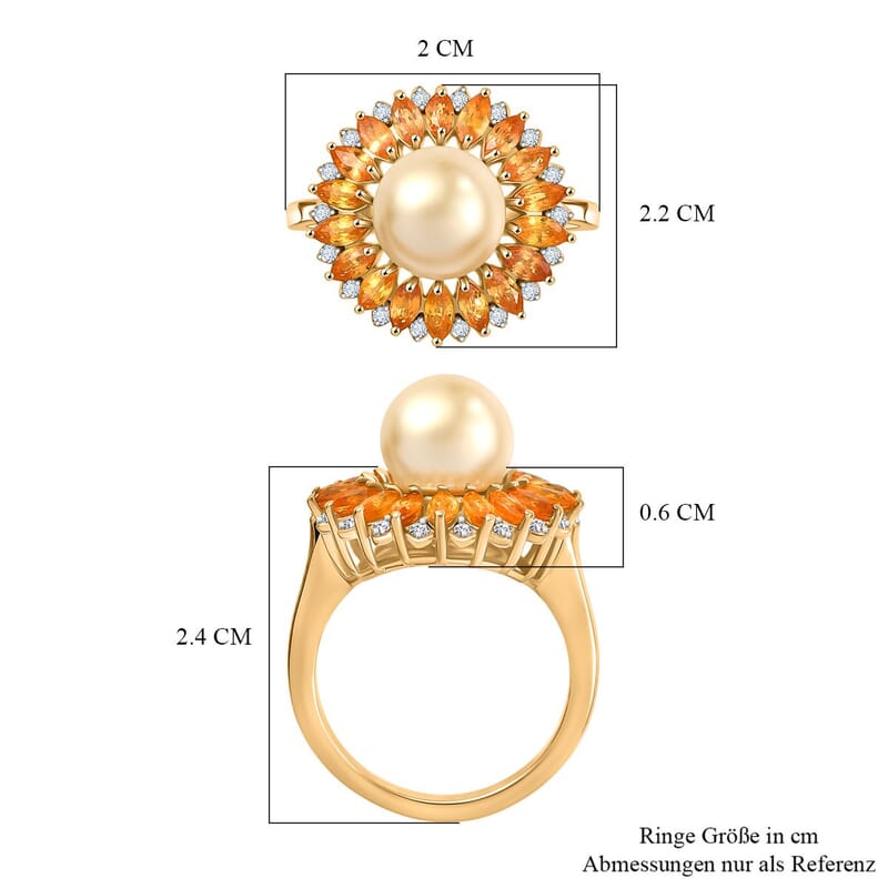 D’joy South Sea Golden Pearl and Multi Gemstone 9.80 ctw Ring in 18K Vermeil Yellow Gold Over Sterling Silver (Size 8.0)