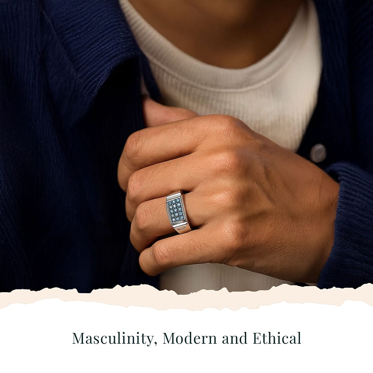 Luxuriant Lab Grown Blue Diamond (IR) 0.50 ctw Men's Ring in Rhodium Over Sterling Silver (Size 11.0)  image number 1