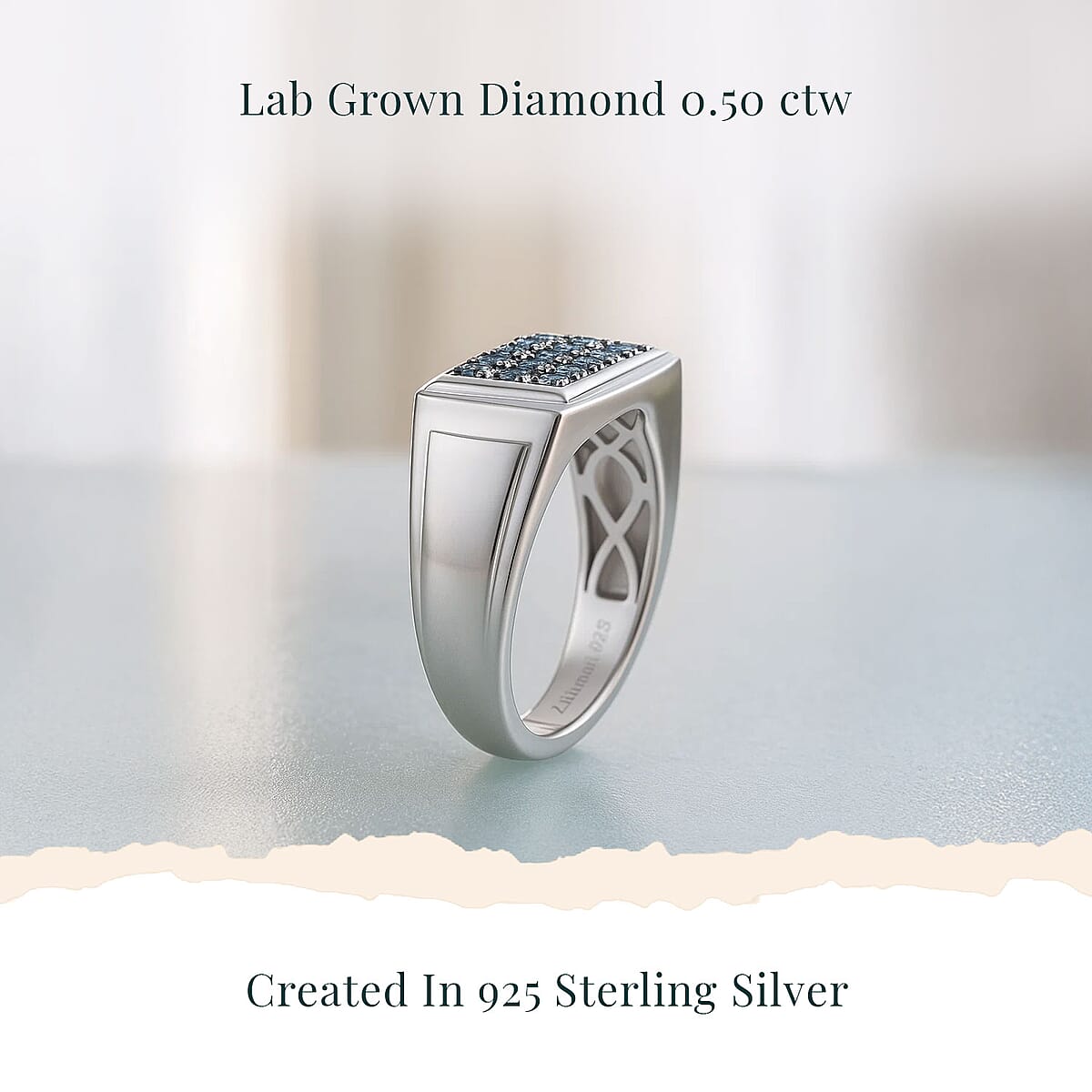 Luxuriant Lab Grown Blue Diamond (IR) 0.50 ctw Men's Ring in Rhodium Over Sterling Silver (Size 11.0)  image number 2