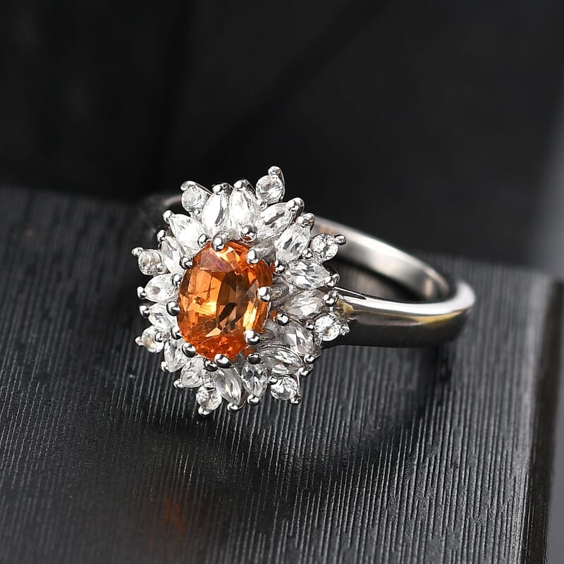 D'Joy Premium Tanzanian Mandarin Garnet and White Zircon 2.10 ctw Bloomfire Ring in Rhodium Over Sterling Silver (Size 10.0)