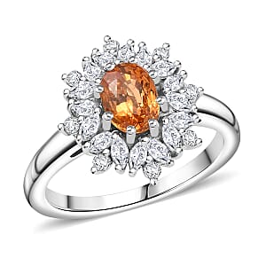 D'Joy Premium Tanzanian Mandarin Garnet and White Zircon 2.10 ctw Bloomfire Ring in Rhodium Over Sterling Silver (Size 7.0)