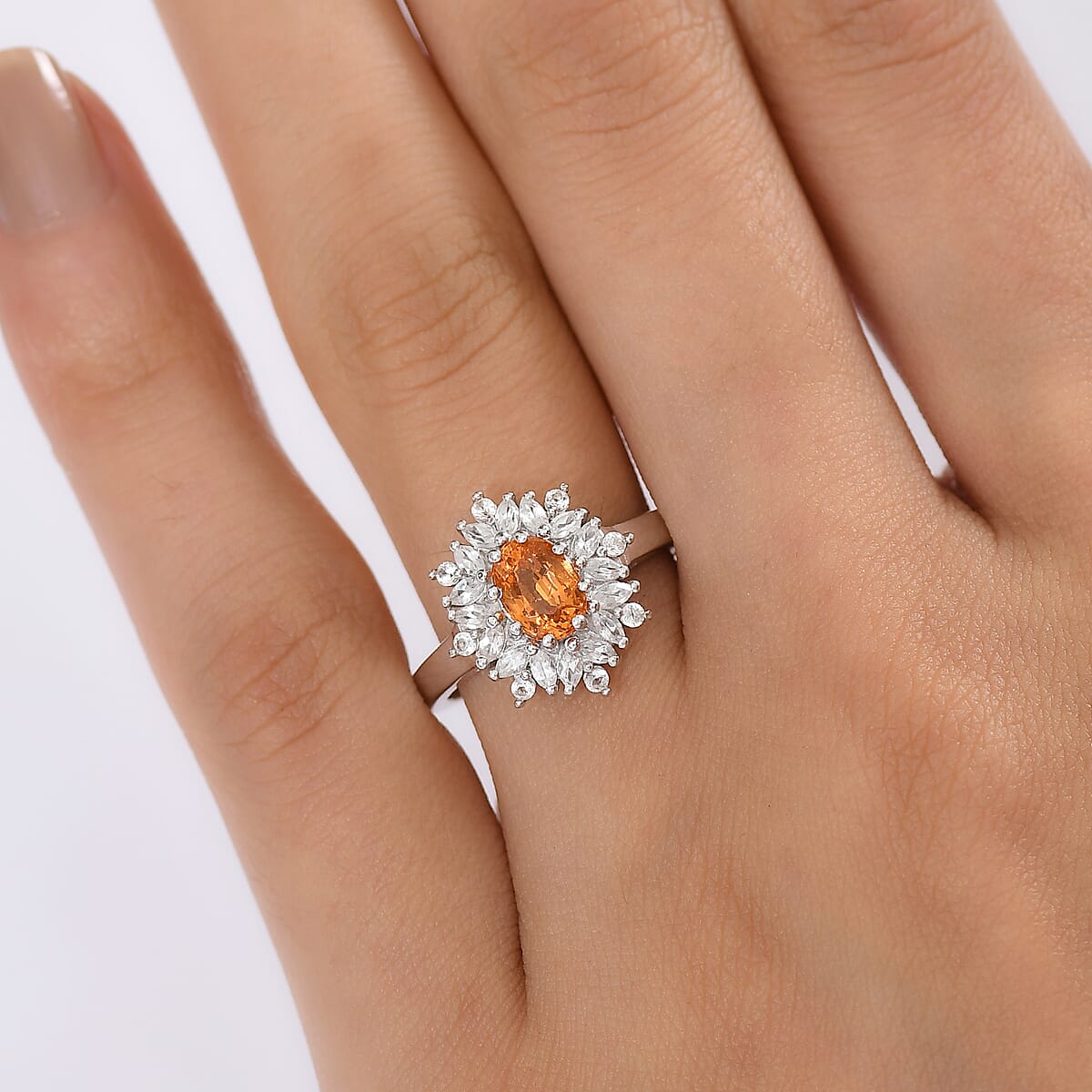 D'Joy Premium Tanzanian Mandarin Garnet and White Zircon 2.10 ctw Bloomfire Ring in Rhodium Over Sterling Silver (Size 7.0) image number 2