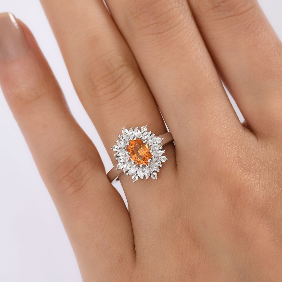 D'Joy Premium Tanzanian Mandarin Garnet and White Zircon 2.10 ctw Sunburst Ring in Rhodium Over Sterling Silver (Size 8.0) image number 2