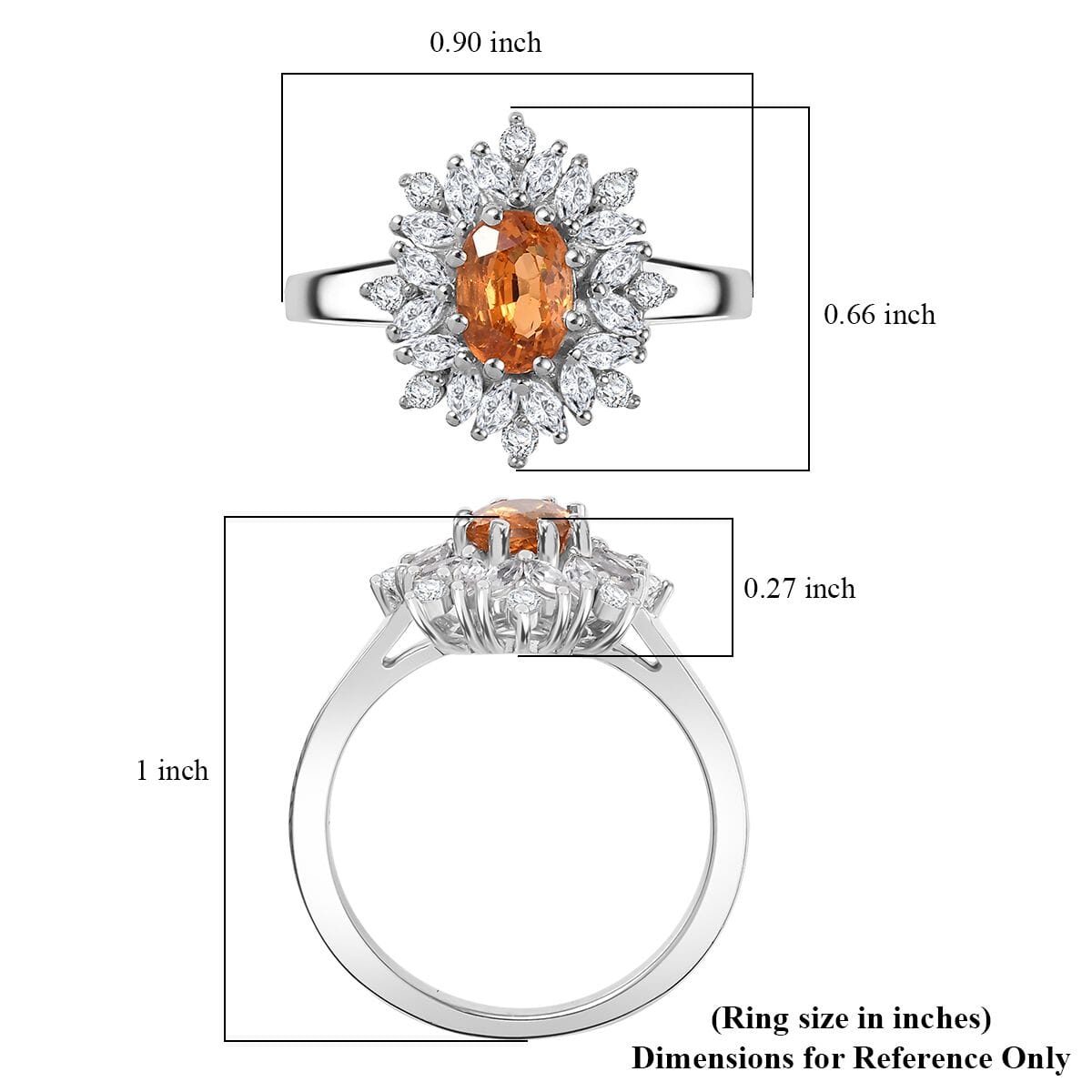 D'Joy Premium Tanzanian Mandarin Garnet and White Zircon 2.10 ctw Sunburst Ring in Rhodium Over Sterling Silver (Size 8.0) image number 5